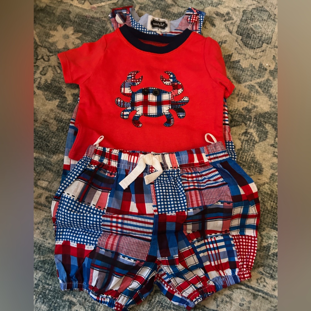 Mud Pie Crab Plaid Patriotic Romper and 2 Piece Shorts Outfit Set